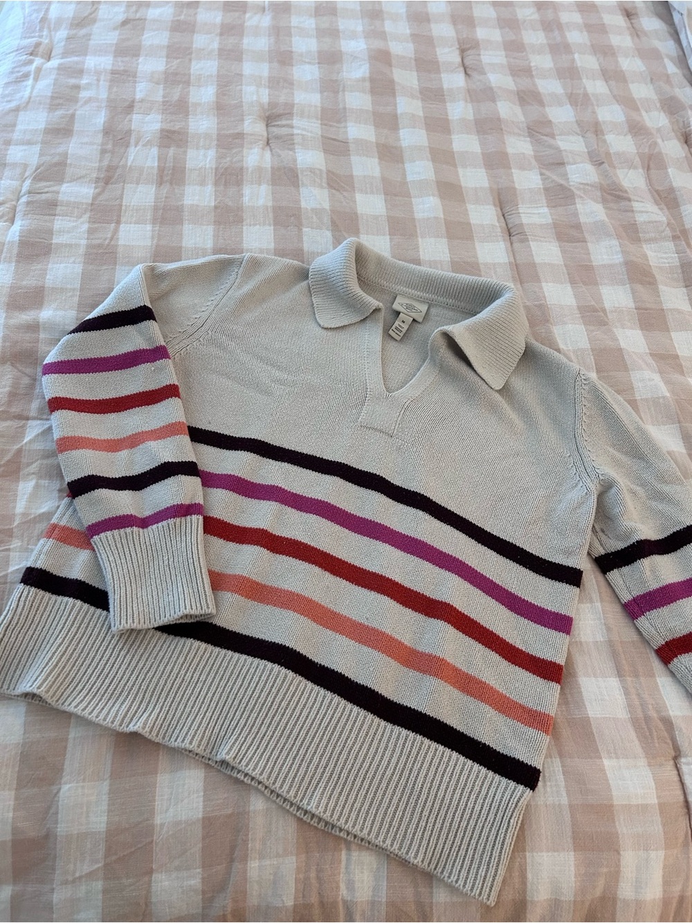 St. John’s Bay Cream Collared Stripe Sweater with Pink & Burgundy Accent